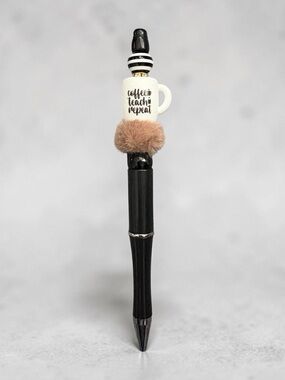 Handmade Teacher Pen Coffee Teach Repeat Mug Charm Pom Pom Black Ink